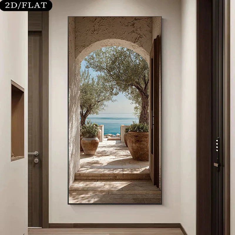 Decorative mirror with an archway view of a garden and ocean.