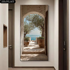 Decorative mirror with an archway view of a garden and ocean.