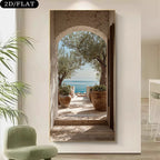 Mediterranean Archway Terrace Canvas Print – Luxury Coastal Wall Art with Stone Arch, Olive Trees, Terracotta Pots & Classical Sea View