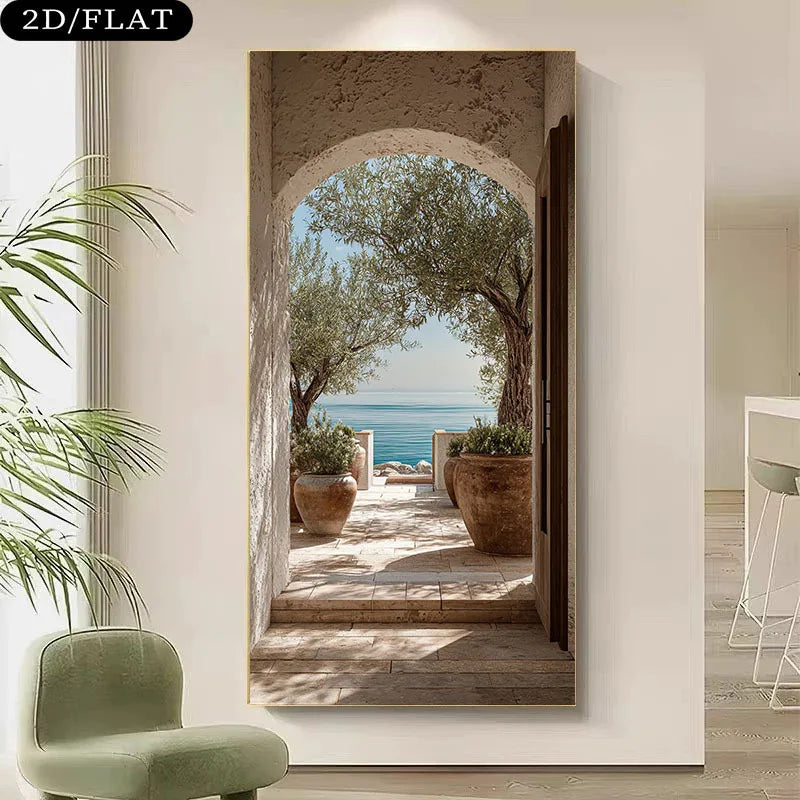 Mediterranean Archway Terrace Canvas Print – Luxury Coastal Wall Art with Stone Arch, Olive Trees, Terracotta Pots & Classical Sea View