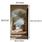 Decorative wall mural with an open door leading to a scenic view of trees and water, with measurements indicated.