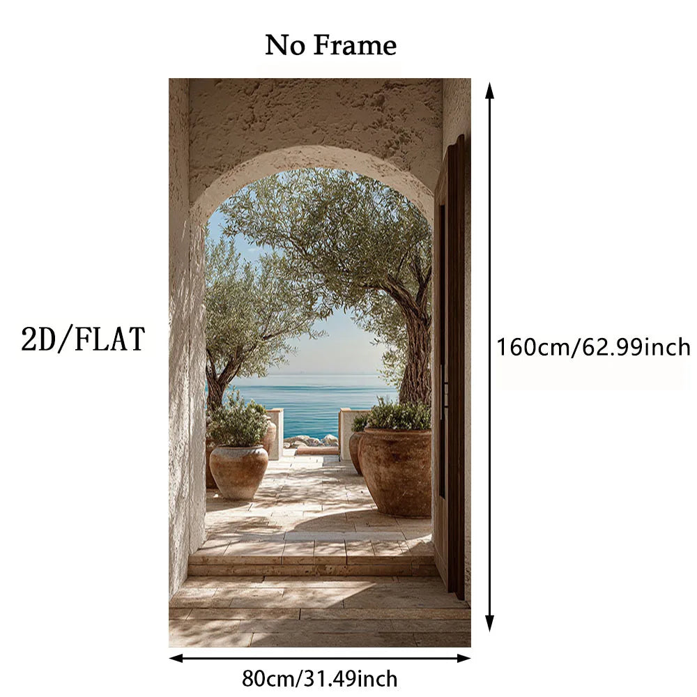 Decorative wall mural with an open door leading to a scenic view of trees and water, with measurements indicated.