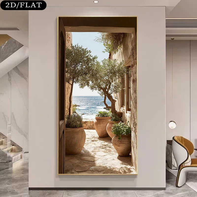 Mediterranean Inspired Coastal Wall Art Fine Art Canvas Print - Stone Passageway with Olive Tree Terracotta Pots & Sunlit Scenic Sea View