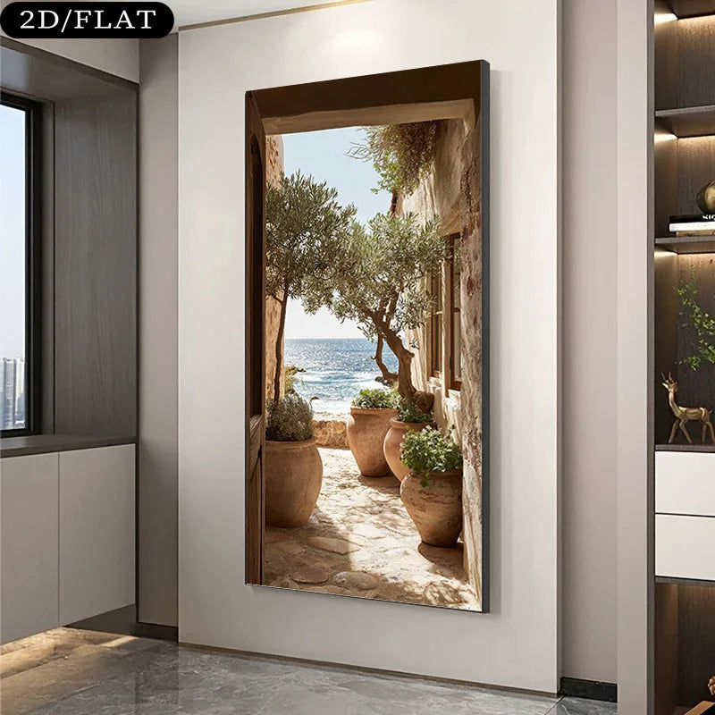 Mediterranean Inspired Coastal Wall Art Fine Art Canvas Print - Stone Passageway with Olive Tree Terracotta Pots & Sunlit Scenic Sea View
