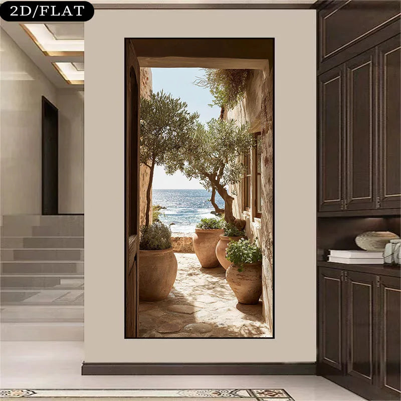 Mediterranean Inspired Coastal Wall Art Fine Art Canvas Print - Stone Passageway with Olive Tree Terracotta Pots & Sunlit Scenic Sea View