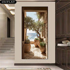Mediterranean Inspired Coastal Wall Art Fine Art Canvas Print - Stone Passageway with Olive Tree Terracotta Pots & Sunlit Scenic Sea View