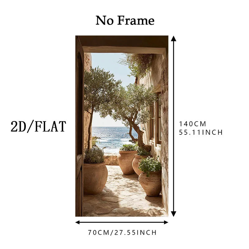 Mediterranean Inspired Coastal Wall Art Fine Art Canvas Print - Stone Passageway with Olive Tree Terracotta Pots & Sunlit Scenic Sea View