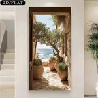 Mediterranean Inspired Coastal Wall Art Fine Art Canvas Print - Stone Passageway with Olive Tree Terracotta Pots &amp; Sunlit Scenic Sea View