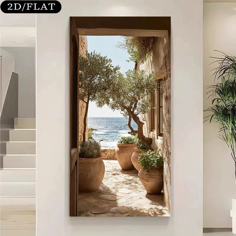 Mediterranean Inspired Coastal Wall Art Fine Art Canvas Print - Stone Passageway with Olive Tree Terracotta Pots &amp; Sunlit Scenic Sea View