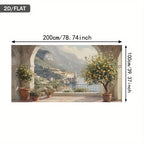 A 2D/flat wall mural or wallpaper sample showing an Italian coastal terrace scene with arches, potted lemon trees, mountains, and a harbor. Measurement arrows and labels indicate dimensions: 200cm wide by 100cm tall.