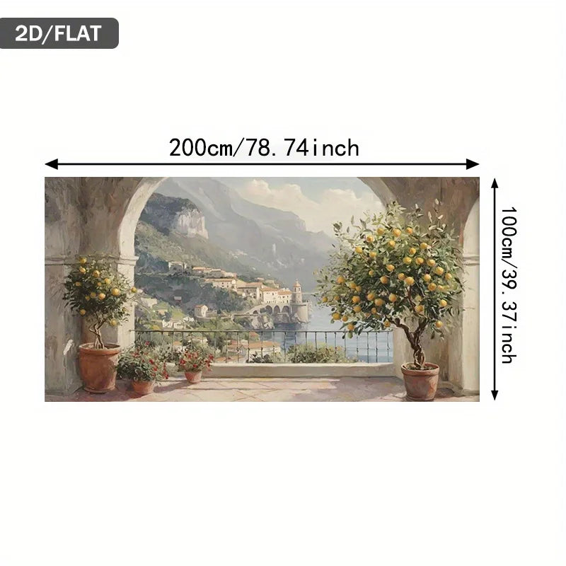 A 2D/flat wall mural or wallpaper sample showing an Italian coastal terrace scene with arches, potted lemon trees, mountains, and a harbor. Measurement arrows and labels indicate dimensions: 200cm wide by 100cm tall.