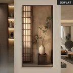 A vertical wall art piece featuring a warm-toned interior scene with a beige textured wall, a dark wood lattice screen, a white ceramic vase, and a small wooden side table with a plant. The artwork is shown hanging in a modern room setting, with a '2D/FLAT' label in the top right corner.