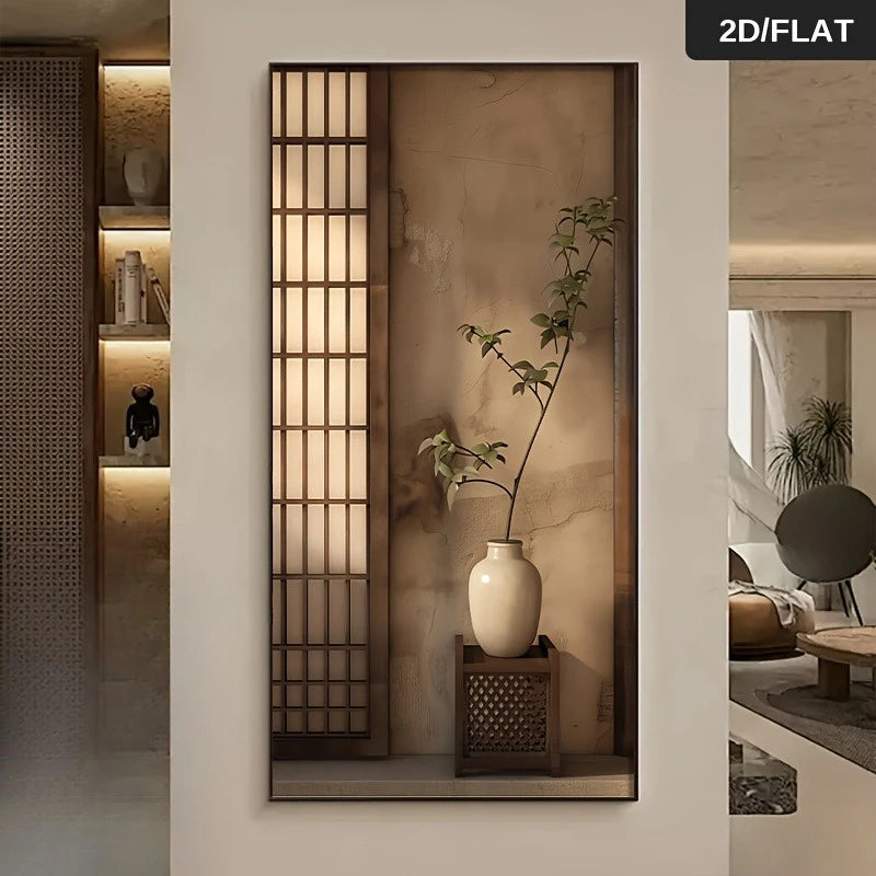A vertical wall art piece featuring a warm-toned interior scene with a beige textured wall, a dark wood lattice screen, a white ceramic vase, and a small wooden side table with a plant. The artwork is shown hanging in a modern room setting, with a '2D/FLAT' label in the top right corner.