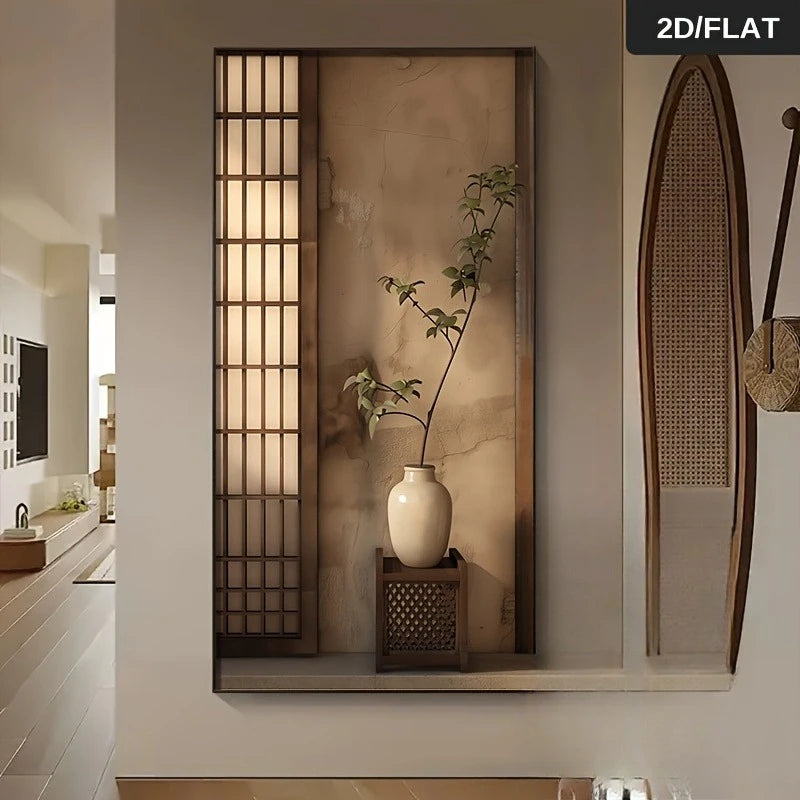 A vertical wall-mounted decorative mirror or mirror panel with a dark wood frame, shown installed in a modern interior hallway. The mirror has a textured beige center and a dark wood screen on the left.