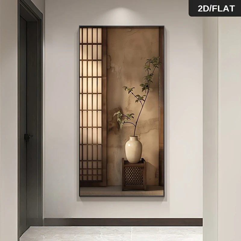 A vertical framed wall art print displayed in a hallway. The artwork depicts a serene interior scene with a white vase holding a slender green plant, set against a textured warm brown wall and a dark wooden lattice screen.
