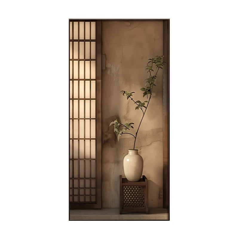 A vertical wall art print depicting a serene Japanese-style interior scene with a beige shoji screen, textured wall, white ceramic vase, and a small wooden stand holding a delicate green plant.