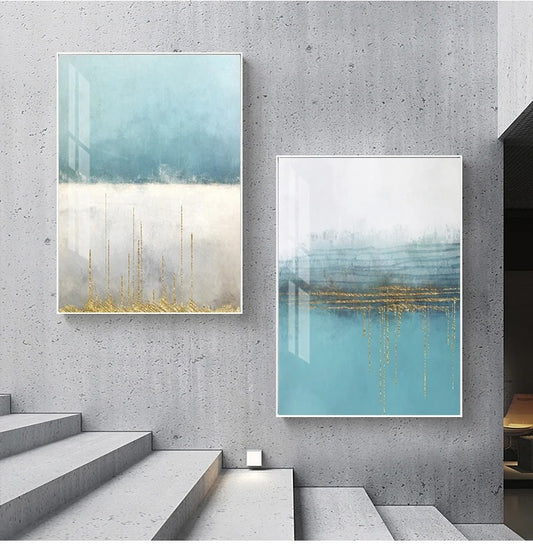 Minimalist Light Blue Grey Golden Abstract Wall Art Fine Art Canvas Prints - Art For Modern Apartment Living Room Bedroom Office Art For Contemporary Interiors
