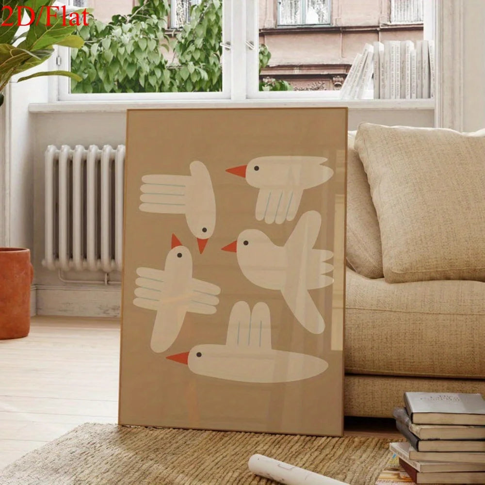 Minimalist White Bird Wall Art – Modern Geometric Tan Background Illustration – Playful Unframed Canvas Print for Contemporary Living Room, Kids’ Space & Cozy Home Decor