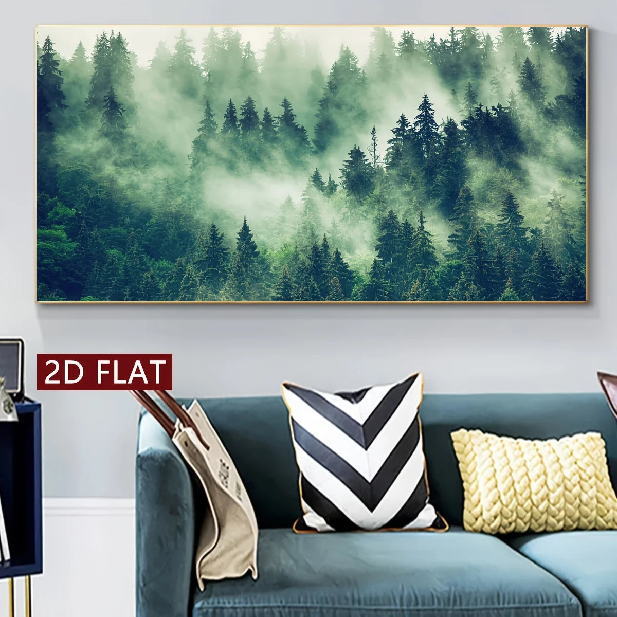 A large rectangular wall art print showing a misty evergreen forest, displayed above a blue sofa with decorative pillows. A red label on the left reads '2D FLAT'.
