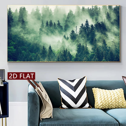 A large rectangular wall art print showing a misty evergreen forest, displayed above a blue sofa with decorative pillows. A red label on the left reads '2D FLAT'.
