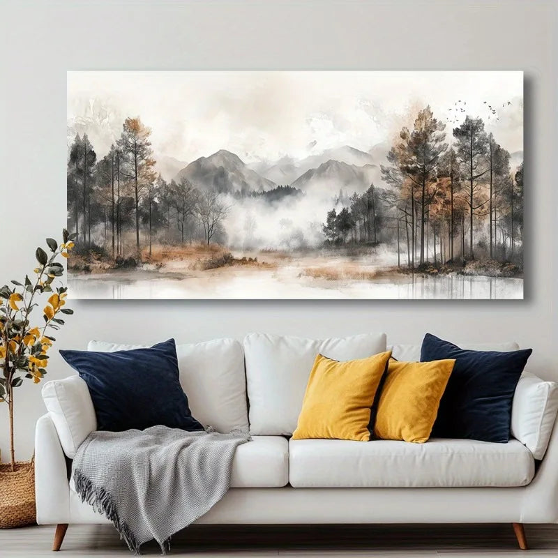 White sofa with yellow and blue pillows in front of a large landscape painting on a wall.