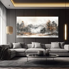 Modern living room with a large abstract landscape painting on the wall.