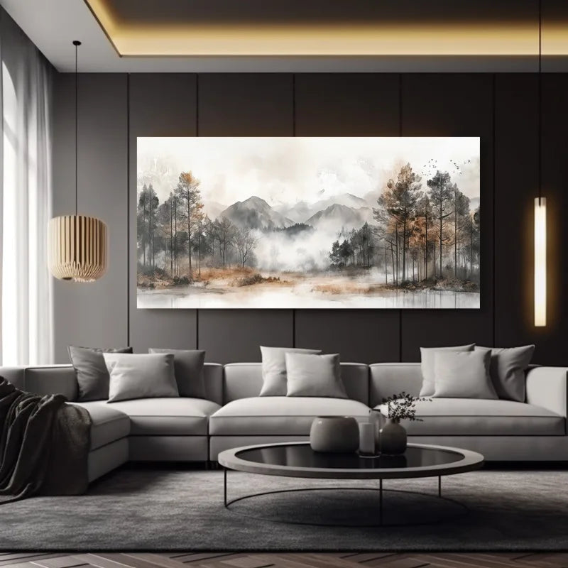 Modern living room with a large abstract landscape painting on the wall.