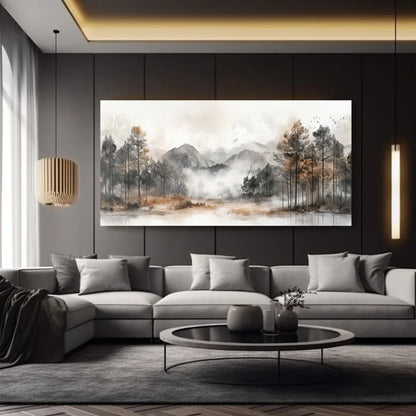 Modern living room with a large abstract landscape painting on the wall.