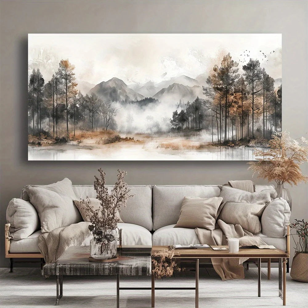 Living room with a large landscape painting of a forest and mountains on the wall.