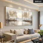 Modern living room with a large abstract landscape painting above a beige sofa.