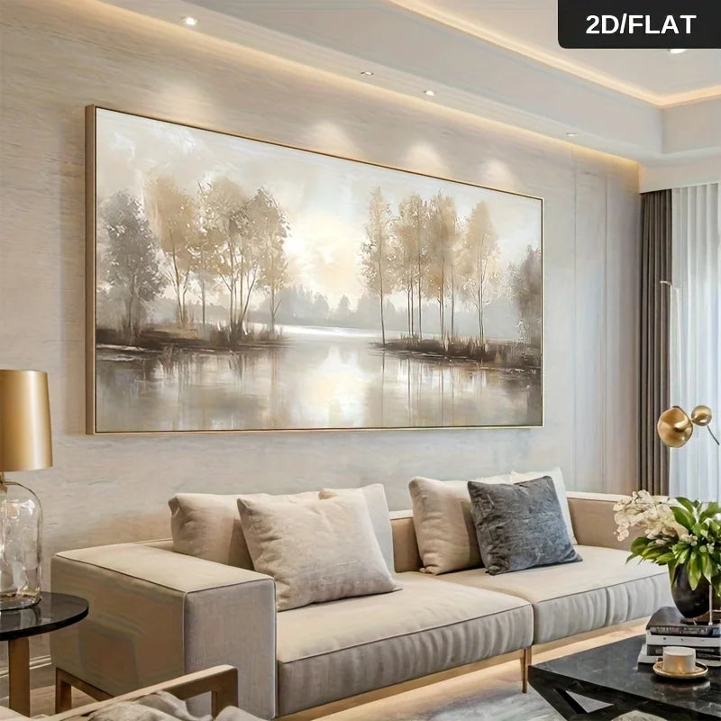 Modern living room with a large abstract landscape painting above a beige sofa.