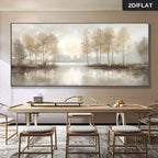 Dining room with a large landscape painting on the wall, wooden table, and chairs.