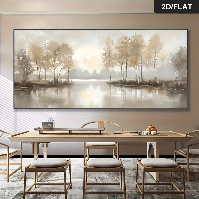Dining room with a large landscape painting on the wall, wooden table, and chairs.