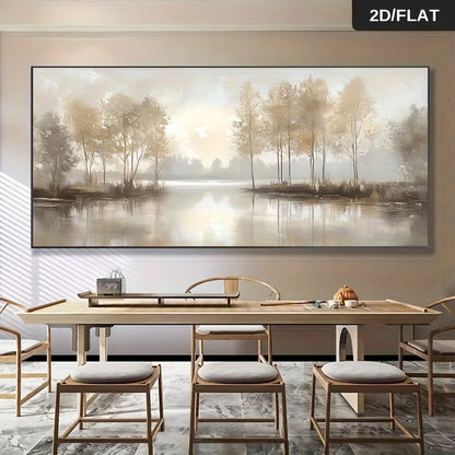 Dining room with a large landscape painting on the wall, wooden table, and chairs.