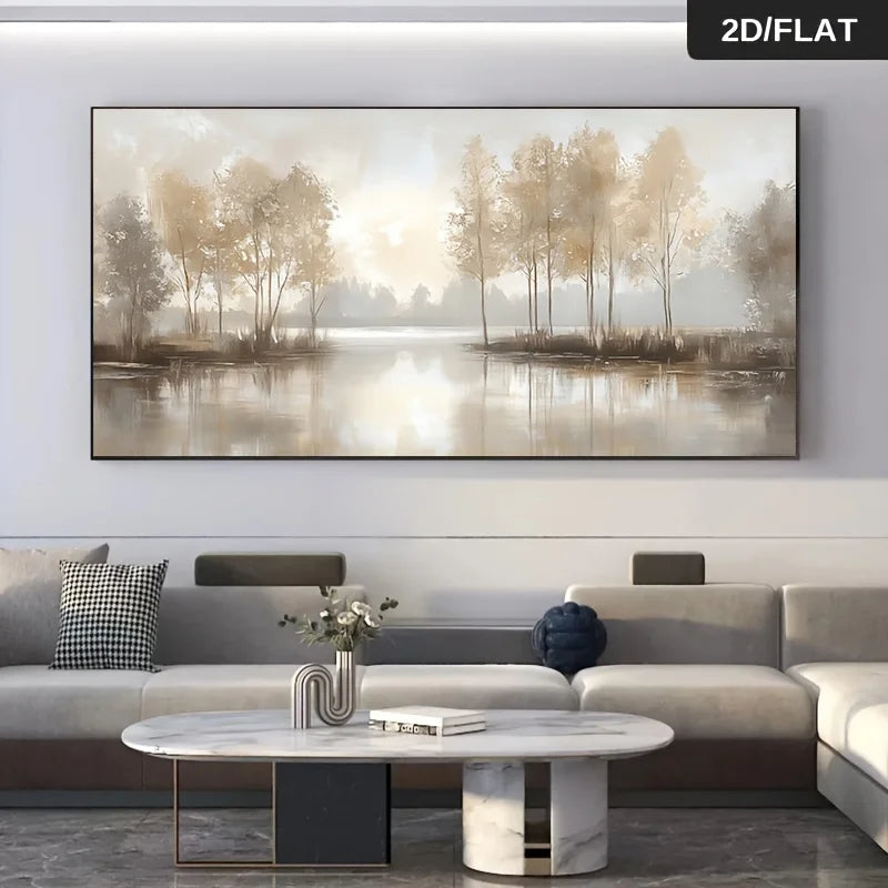 Modern living room with a large wall art of trees and water, a sofa, and a coffee table.