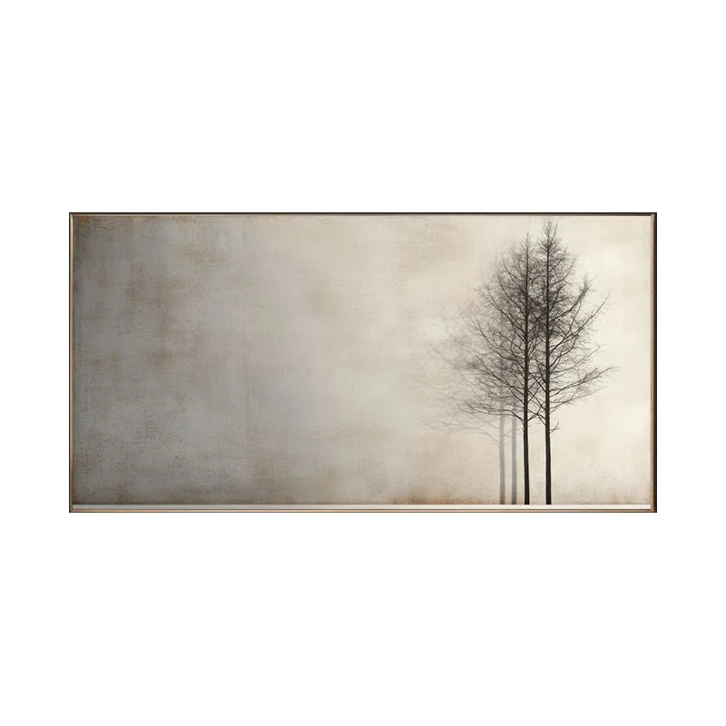 A horizontal wall art print featuring three bare trees on the right side against a textured beige and gray background, shown on a plain white backdrop.