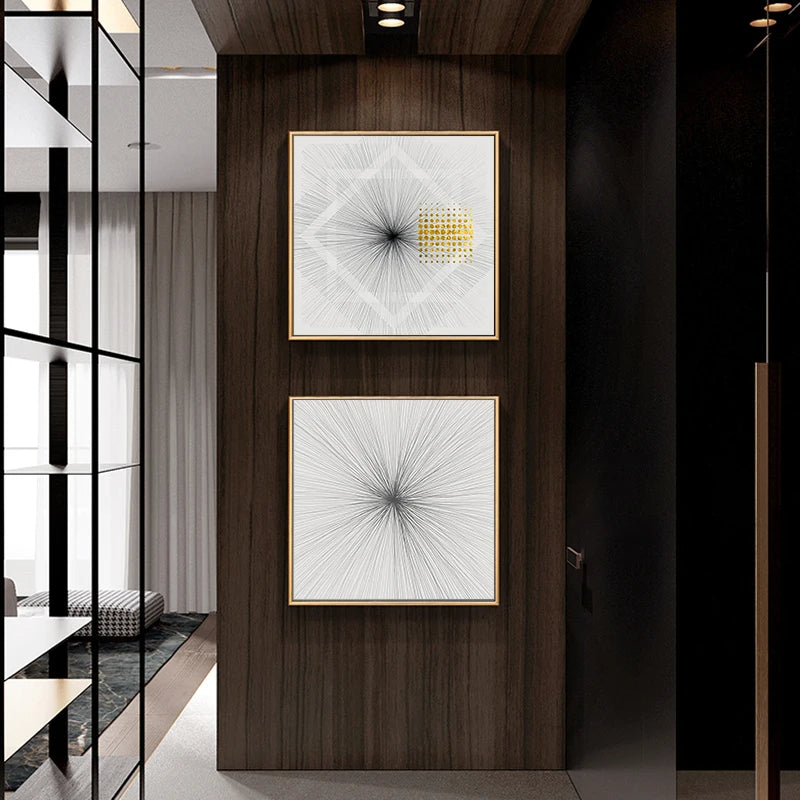 Modern Abstract Black White Golden Sun Wall Art Fine Art Canvas Prints - Square Format Artworks For Living Room Dining Room Art For Contemporary Interiors