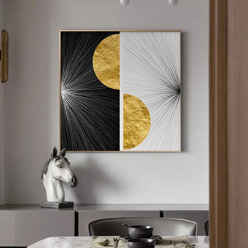 Modern Abstract Black White Golden Sun Wall Art Fine Art Canvas Prints - Square Format Artworks For Living Room Dining Room Art For Contemporary Interiors