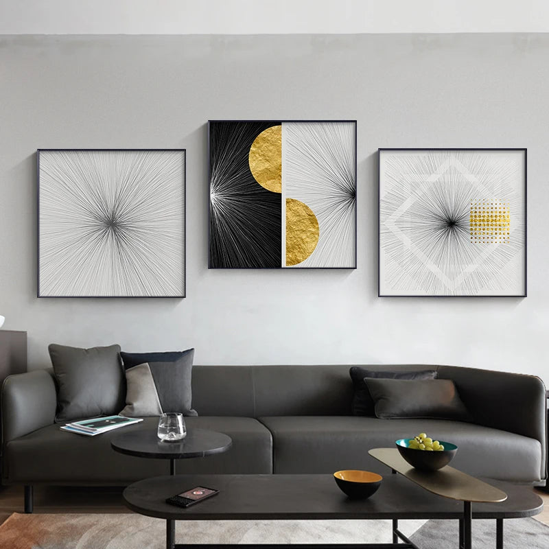 Modern Abstract Black White Golden Sun Wall Art Fine Art Canvas Prints - Square Format Artworks For Living Room Dining Room Art For Contemporary Interiors