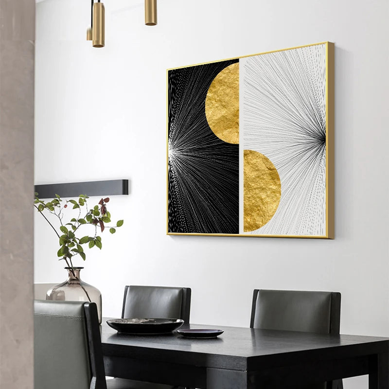 Modern Abstract Black White Golden Sun Wall Art Fine Art Canvas Prints - Square Format Artworks For Living Room Dining Room Art For Contemporary Interiors