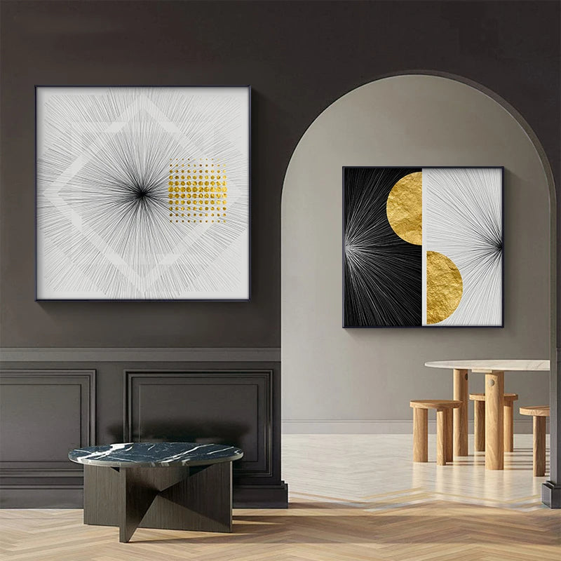 Modern Abstract Black White Golden Sun Wall Art Fine Art Canvas Prints - Square Format Artworks For Living Room Dining Room Art For Contemporary Interiors