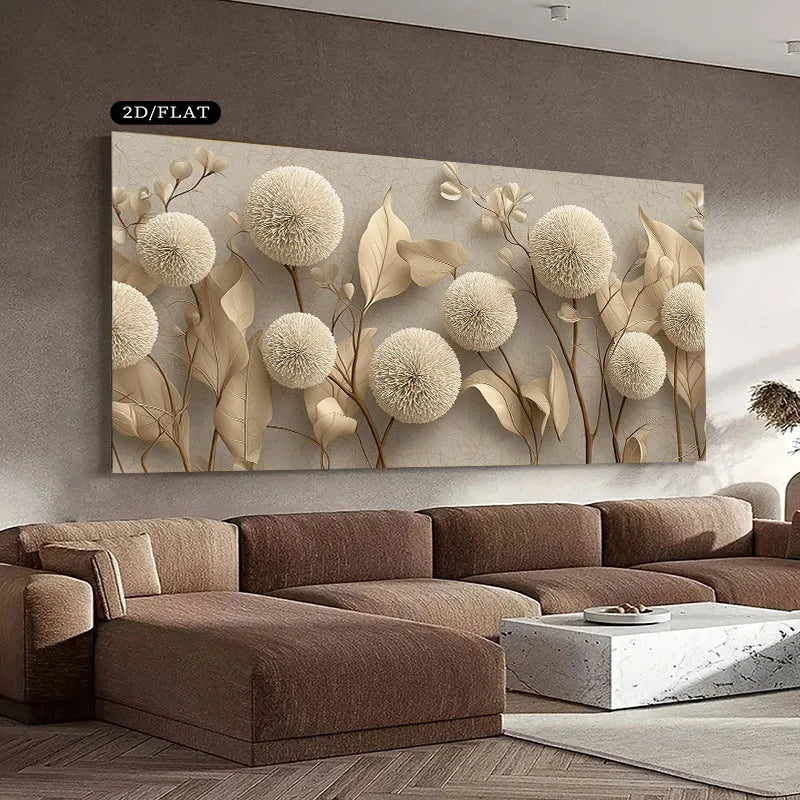 Floral wall art above a brown sectional sofa in a living room.