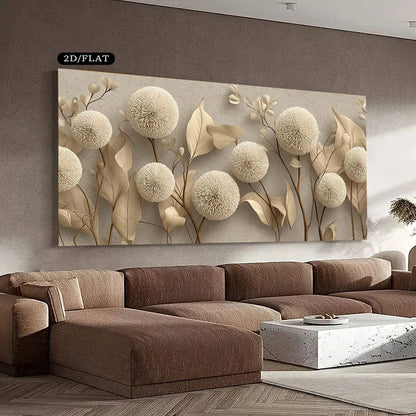 Floral wall art above a brown sectional sofa in a living room.