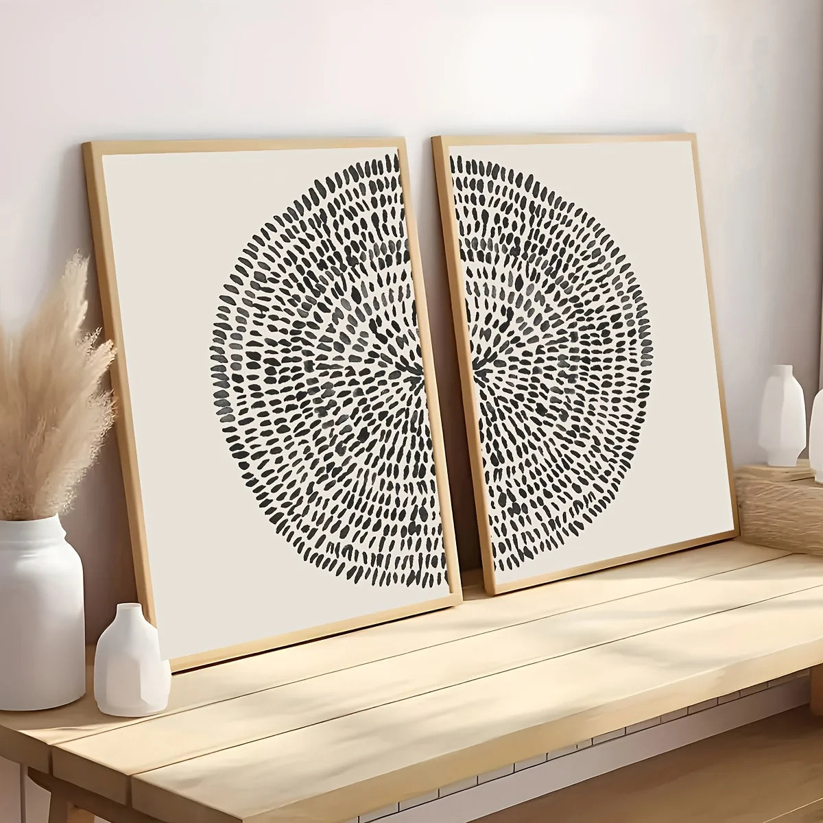 Modern Abstract Dot Circle Canvas Print Set – Black Minimalist Unframed Wall Art on Neutral Background for Contemporary Living Room, Bedroom & Scandinavian Home Décor