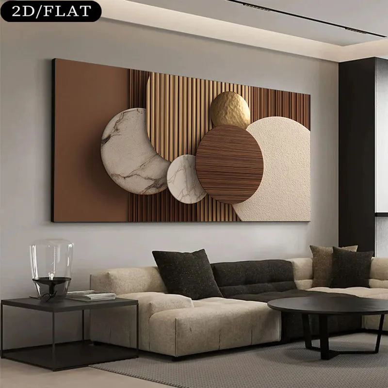 Modern living room with a large abstract painting on the wall above a sofa.