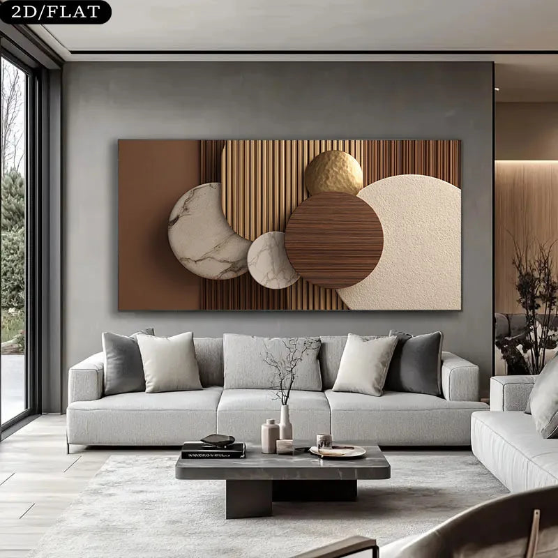 Modern living room with a large abstract painting on the wall.