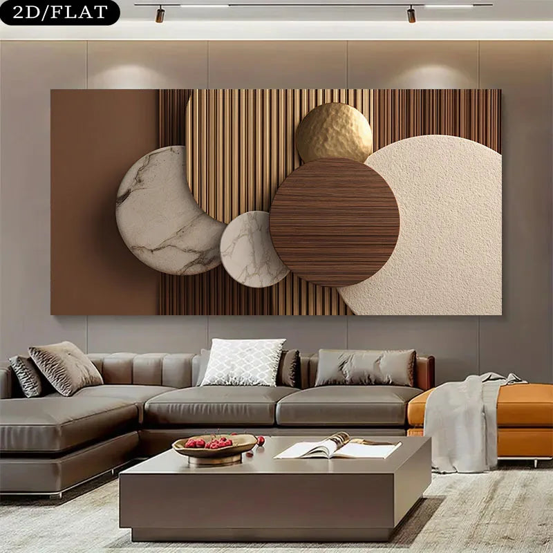 Modern living room with a large abstract wall art piece.