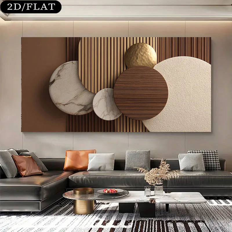 Modern living room with a large abstract wall art piece above a sectional sofa.
