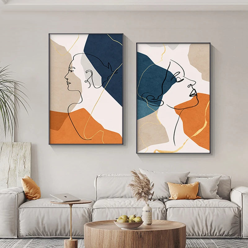 Modern Abstract Line Art Figure Art Fine Art Canvas Prints - Boutique Fashion Art For Living Room Bedroom Contemporary Salon Art Decor