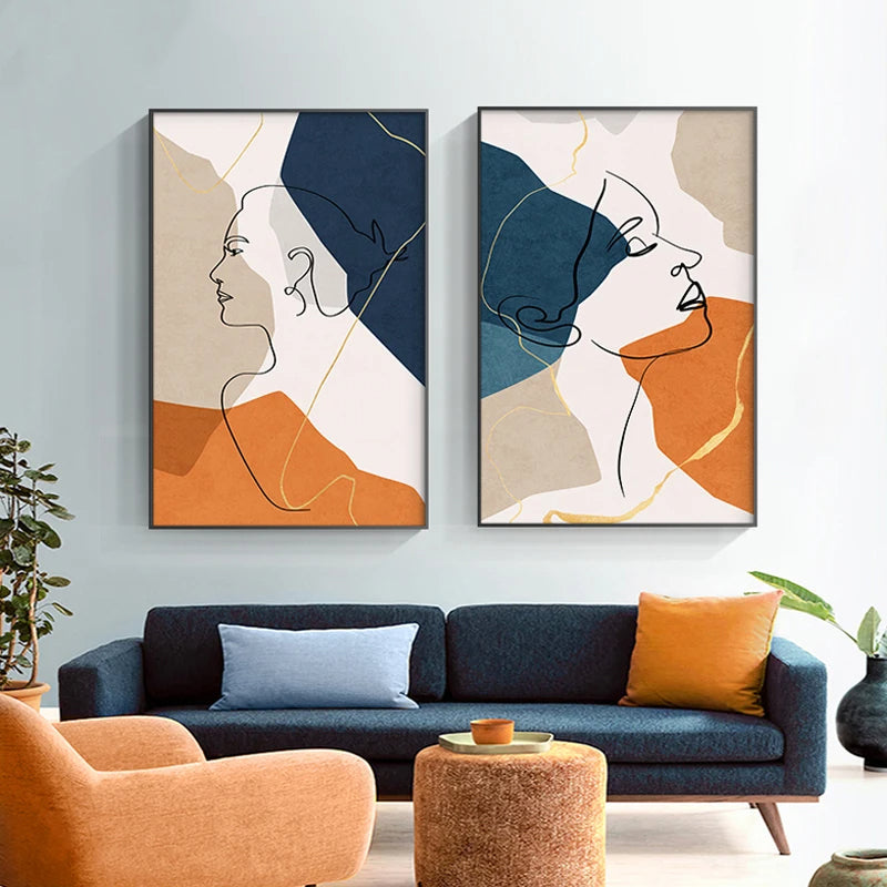 Modern Abstract Line Art Figure Art Fine Art Canvas Prints - Boutique Fashion Art For Living Room Bedroom Contemporary Salon Art Decor